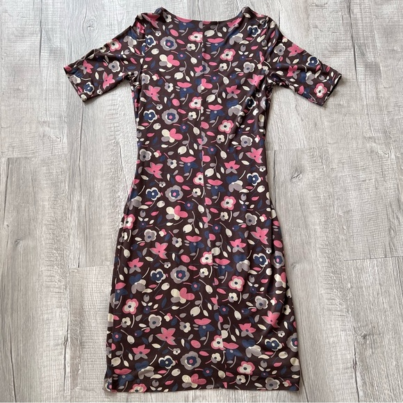 Boden Floral Midid Dress Women's 6 Brown Half Sleeve Stretch V Neck Pink Boho - Picture 8 of 13